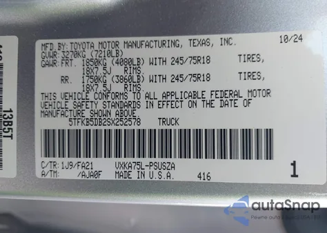 2025 Toyota Tundra Sr z USA, uszkodzony, nr VIN 5TFKB5DB2SX252578